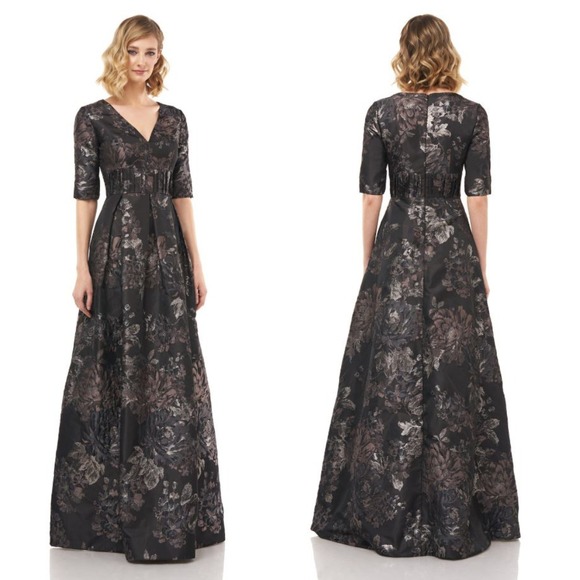 Kay Unger Dresses & Skirts - NWT Kay Unger Dress Womens 6 Tall Stella Gown Black Floral Metallic Sleeves Maxi